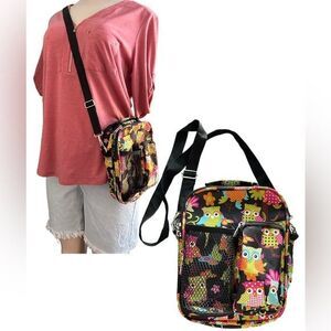 Owl Colorful Print Black Canvas Multi Compartment Crossbody Shoulder Bag